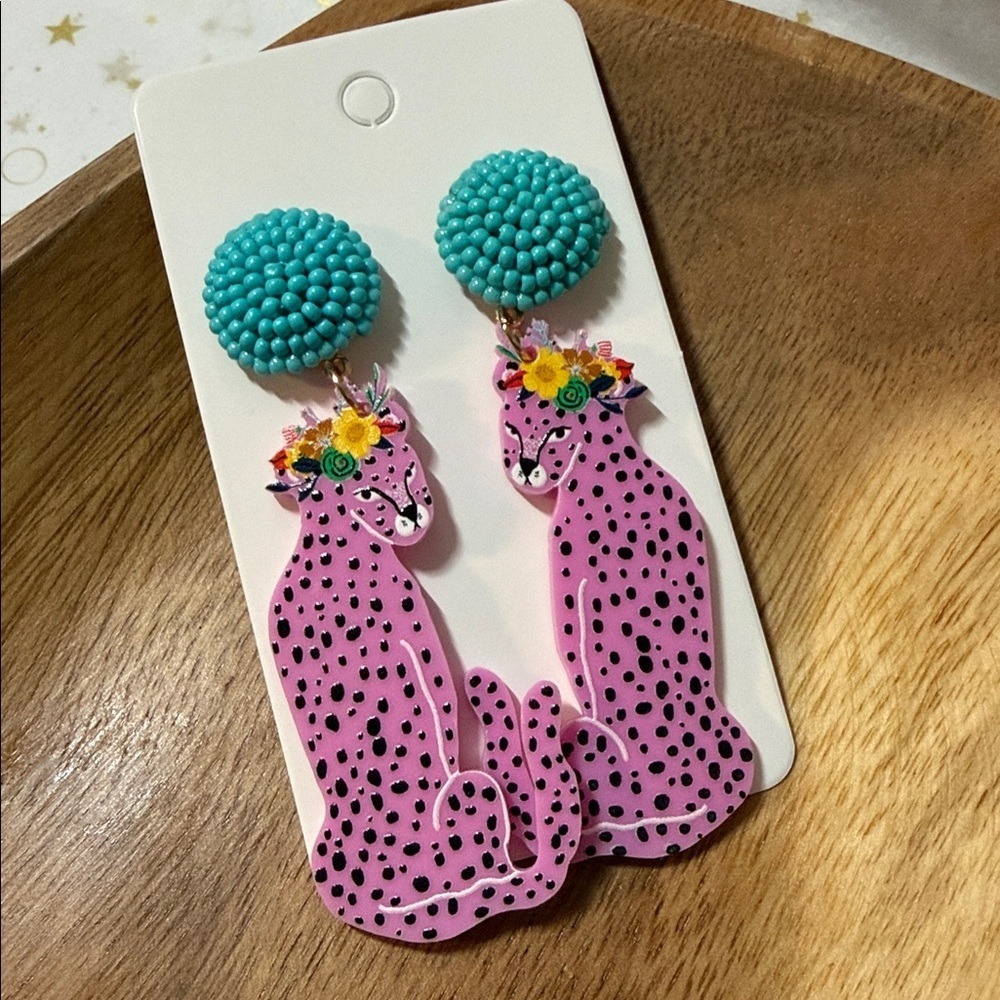 Pink & Turquoise Leopard Cheetah Cat earrings - NEW
